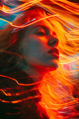 Poster - Vibrant streaks of light that mimic the motion blur of headbanging, set against a stark, dark background,