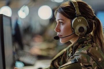 Wall Mural - A military woman seamlessly transitions to a call center environment, demonstrating professionalism and adaptability
