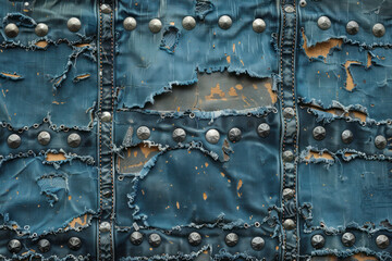 Poster - Torn denim and studded leather textures blended into a canvas, representing the fashion and attitude of rock culture,