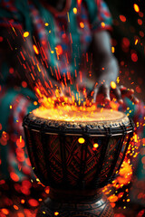 Poster - Visualization of an African djembe drum, with its rhythmic patterns translated into a series of dynamic abstract forms,