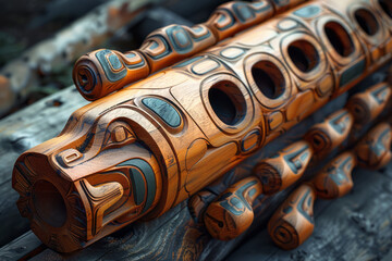 Aufkleber - Artistic rendering of a Native American flute, its delicate carvings inspiring swirling, fluid abstract motifs,