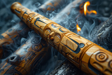Poster - Artistic rendering of a Native American flute, its delicate carvings inspiring swirling, fluid abstract motifs,