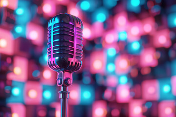 Aufkleber - Dynamic background with neon pink and electric blue blocks, interspersed with abstract silhouettes of microphones,