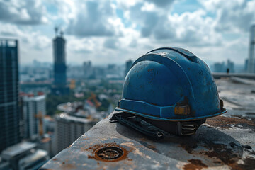 Wall Mural - A construction worker safety helmet or hardhat is placed on rooftop of the tower with background of city during orange sunlight shade. Industrial working PPE, safety in workplace scene.