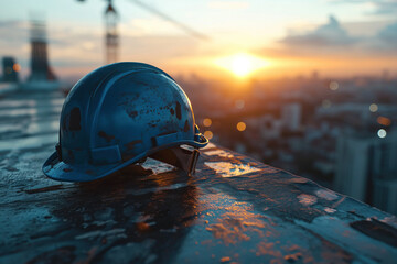 Wall Mural - A construction worker safety helmet or hardhat is placed on rooftop of the tower with background of city during orange sunlight shade. Industrial working PPE, safety in workplace scene.