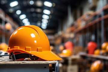 Wall Mural - An orange safety helmet or hardhat for the construction worker which is placed on construction working site or working factory backgroud.	
