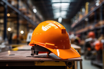 Wall Mural - An orange safety helmet or hardhat for the construction worker which is placed on construction working site or working factory backgroud.	
