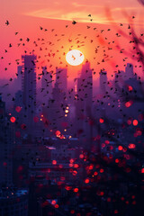 Fototapete - Neon-lit cityscape silhouette against a dusk-colored gradient, filled with flying abstract musical notes,