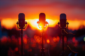 Poster - Radiant orange sunset background with shadowy microphone stands and fluttering tape ribbons,