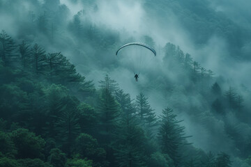 Poster - Tranquil scene of a skydiver floating above a misty forest at dawn, with soft light filtering through the trees,
