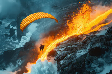 Poster - View of a skydiver gliding over a volcanic island, with lava flowing into the sea,