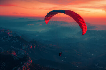 Poster - Tranquil view of a parachutist descending at dusk, with the horizon line glowing in twilight colors,
