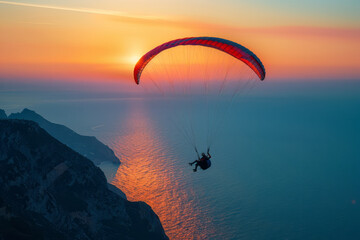 Poster - Tranquil view of a parachutist descending at dusk, with the horizon line glowing in twilight colors,
