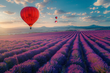 Poster - Vibrant image of a parachutist floating above a vast lavender field in full bloom,