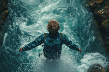 Poster - Dramatic perspective from above a jumper as they free fall from a bridge, the river rushing beneath them,