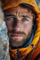 Poster - Close-up of a surferâ€™s focused expression as they navigate a challenging barrel wave, capturing the intensity and concentration,