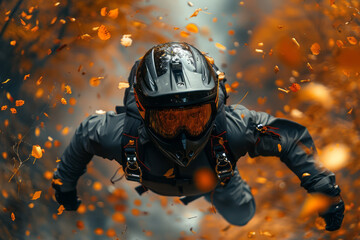 Poster - Scene of a base jumper with a camera on the helmet, capturing the rush of descending past a fiery autumn forest,