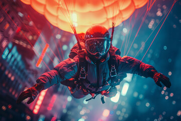 Poster - Scene depicting a night jump with a parachutist lit by neon lights attached to the suit, diving into the nightlife of a bustling city,
