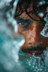 Poster - Close-up of a surferâ€™s focused expression as they navigate a challenging barrel wave, capturing the intensity and concentration,