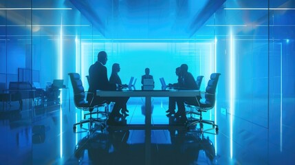 Wall Mural - business people in suit sitting around the large glass table with laptops, neon light blue color theme, modern office interior, photorealistic,