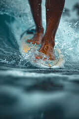 Poster - Close-up of a surferâ€™s feet firmly gripping the board while slicing through a massive wave, detailing technique and skill,