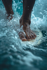 Poster - Close-up of a surferâ€™s feet firmly gripping the board while slicing through a massive wave, detailing technique and skill,