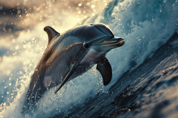 Poster - Illustration of a surfer and a dolphin jumping over a wave together, symbolizing a connection with marine creatures,