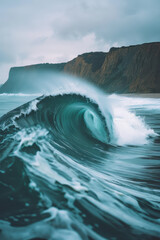 Poster - Panoramic view of a surfer tackling a big wave with a rugged coastline in the background, portraying the wild nature of surf spots,