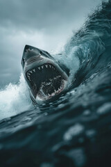 Poster - Dramatic view of a surferâ€™s close call with a sharkâ€™s fin near a huge wave, adding an element of danger and suspense,