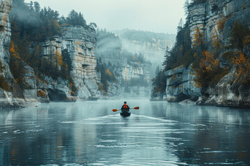 Poster - Scene of a kayaker dipping their paddle into frothy river waters, with steep cliffs rising on either side,
