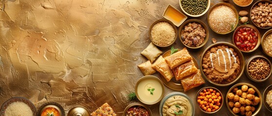 Wall Mural - A variety of foods are displayed in bowls and plates, including rice, beans