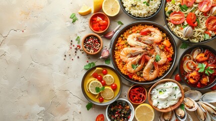 Wall Mural - A table with a variety of food, including shrimp, tomatoes, and lemon