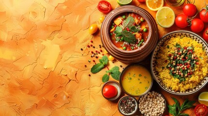 Wall Mural - A bowl of soup and a bowl of rice are on a table with a variety of spices