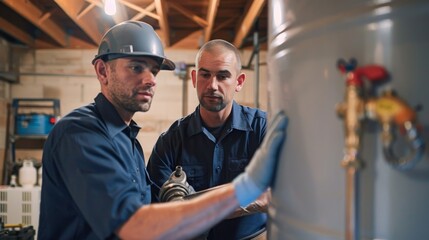 Wall Mural - Two plumbers collaborating to install a large water heater in a basement.