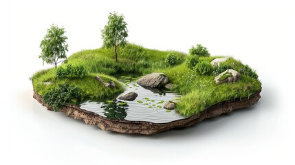 Wall Mural - A travel and vacation background is illustrated with a 3D cut of the ground, showcasing grass landscapes and ponds, isolated on a white background.
