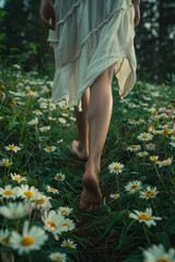 Poster - Scene of a person walking barefoot through a forest, their footsteps leaving behind trails of flowers and grass,