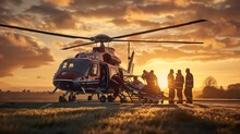 A Dramatic Tableau Capturing The Urgency Of An Air Ambulance Team As They Load A Patient Into A Helicopter Against The Backdrop Of A Vibrant Sunset