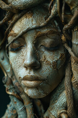 Wall Mural - Abstract image of a goddessâ€™s face emerging from a tapestry of intertwined roots and branches, representing the interconnectedness of life,