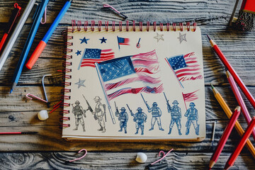 Wall Mural - Child's drawing pad with sketches of soldiers and flags arranged poetically for Memorial Day.
