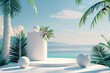 3d products display podium scene, Tropical beach with palm trees in the background
