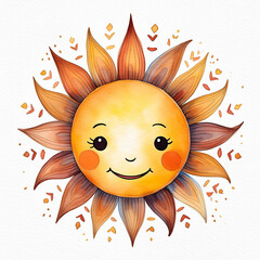 Wall Mural - Watercolor painting of yellow sun with cute face isolated on white background. Hand drawn art