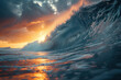 Surfing ocean wave at sunset.