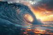 Surfing ocean wave at sunset time.