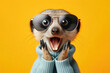 © Anna - Surprised photo Meerkat wearing sunglasses Isolated on yellow background