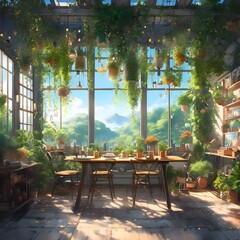 Wall Mural - AI generated illustration of a table by window with plants