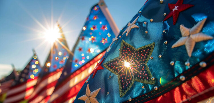 Veterans Day parade close-up: flags with embroidered stars shining under the midday sun.