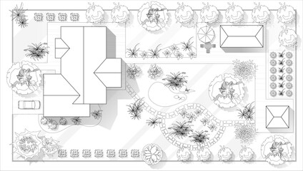 Wall Mural - Top view landscape design plan with house, courtyard, lawn. Black and white highly detailed plan of country with modern cottage, villa with garden. Vector illustration Cityscape, Map of town, village