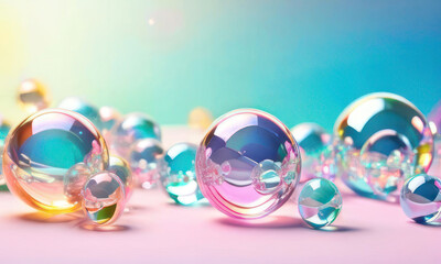 Wall Mural - The backdrop consists of blue liquid blobs and soap bubbles. 3d soft pastel gradient balls are also included in the set.Seamless background of mix sizes iridescent pastel 3d spheres