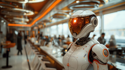 Poster - A robot is positioned in front of a counter, displaying a futuristic scene.