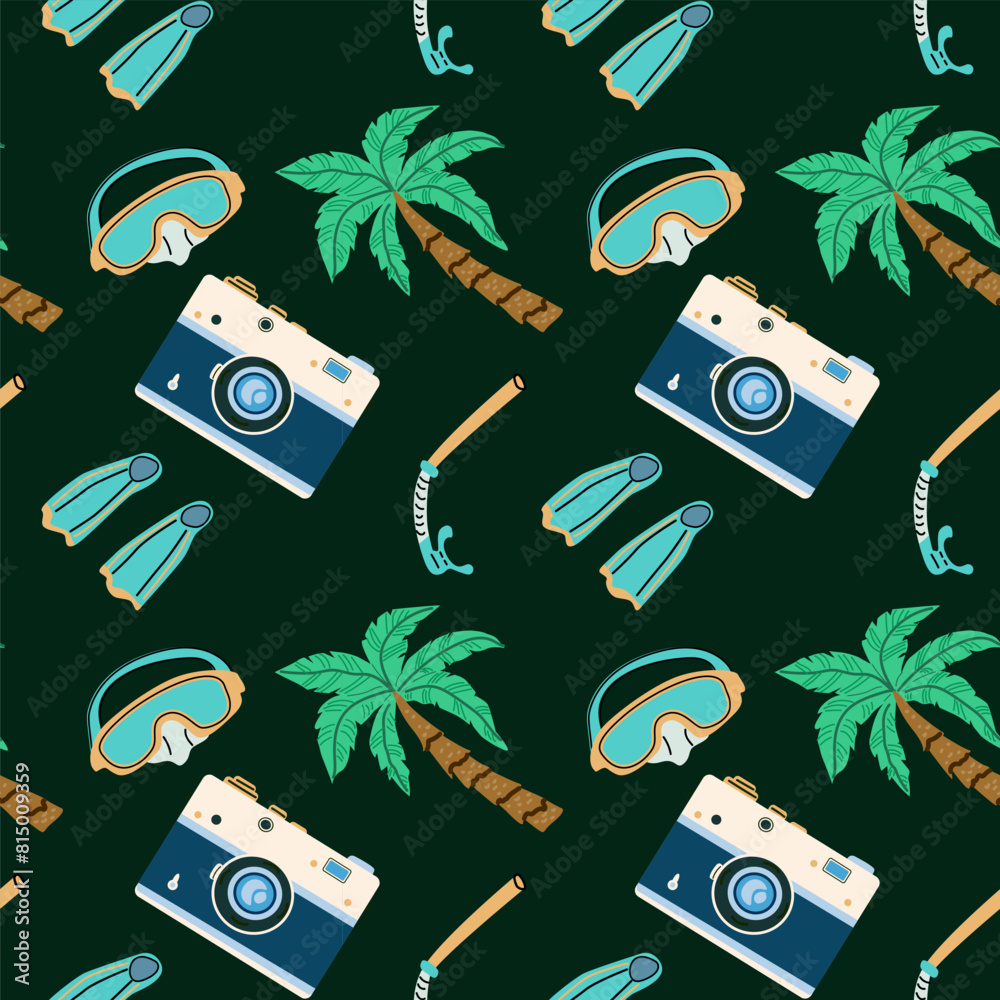 Summer vacation seamless pattern with beach elements and accessories ...